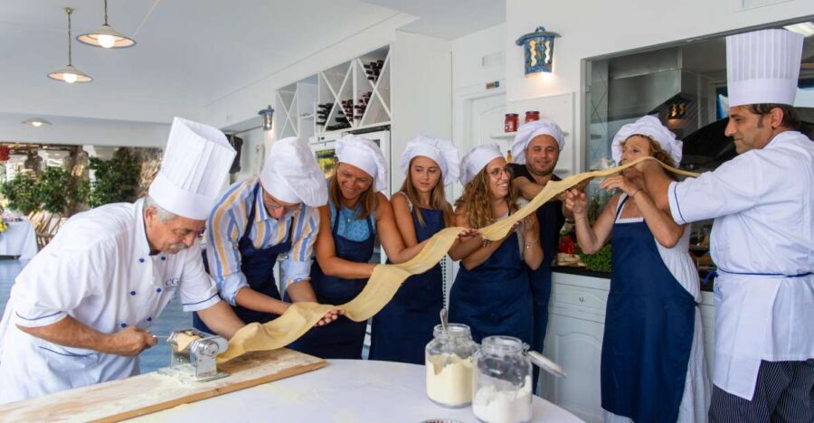 Praiano: Cooking Class with Dinner Overlooking the Sea - Entering the restaurant: aprons on, views on